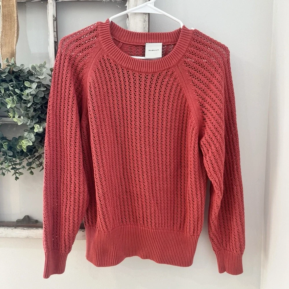 VARLEY $120 Clay Knit‎ Sweater Mineral Red Crewneck Pullover Open Knit Cotton S